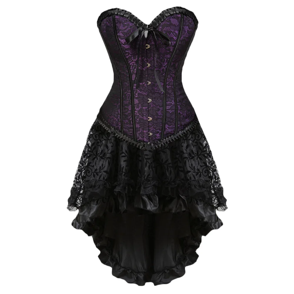Женское платье для танцовщицы Бурлеск, ведьма, на Хэллоуин, сексуальный корсет-бюстье, мини-юбка, готический корсет, платье с юбкой размера плюс - Цвет: Фиолетовый