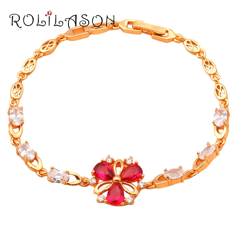 

ROLILASON romantic design flower shaped Rose red Zircon golden bracelets for women party Health fashion jewelry TB492