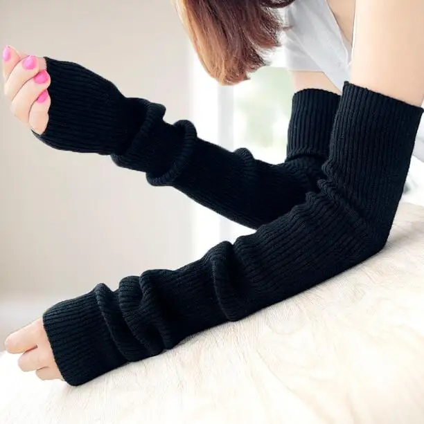 Для женщин шерсть вязаный длинный Перчатки Леди Эластичный кашемир черный длинный рукав зимние теплые Гетры для рук 40 см 50 см 60 см R141