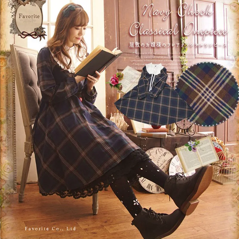 

Harajuku Vintage Plaid Dress Women Retro Cute Loose Plaid Bottoming Stand Collar Mori Girl Ruffle Femake Sweet Dress A175