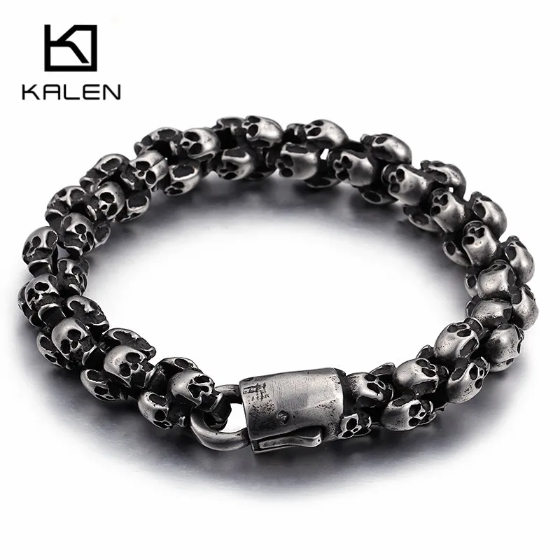 Online Kalen Punky 22.5 cm Largo Mate Cráneo Pulseras Para Hombres de Acero Inoxidable Cepillado Cráneo Encanto Enlace Cadena Brecelet Masculina Gótico joyería