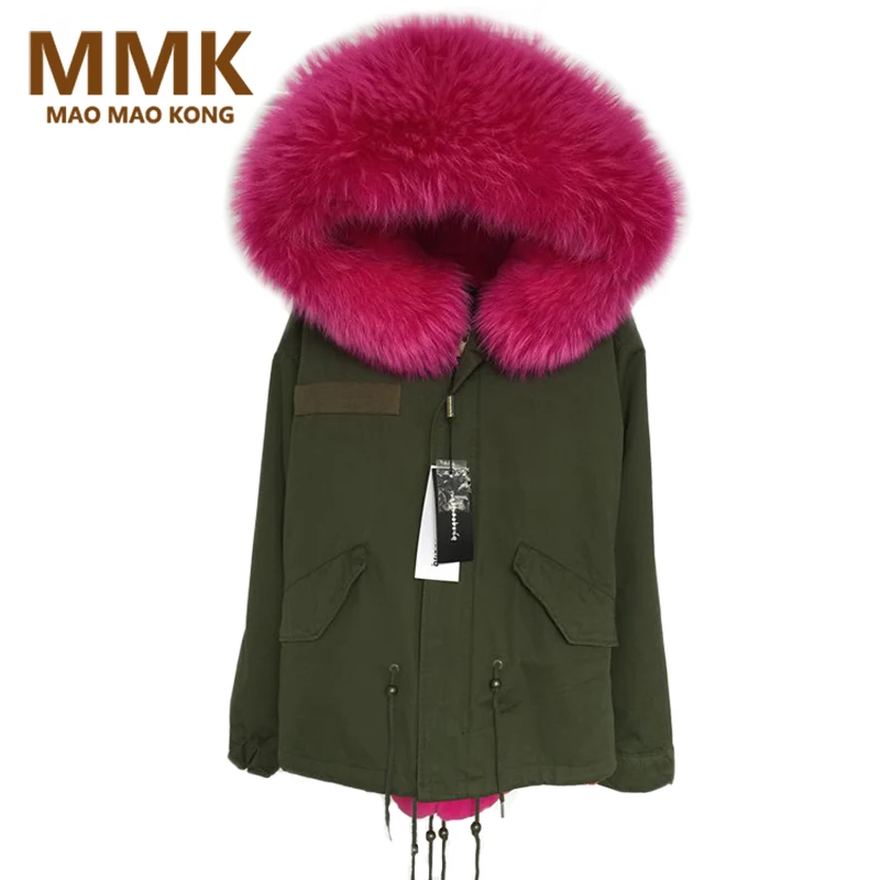 

Mao Mao Kong 2019 New Women Winter Army Green Jacket Coats Thick Parkas Large Real Raccoon Fur Collar Hooded Outwear
