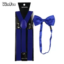 Winfox Модные королевские синие женские мужские подтяжки галстук бабочка Набор 2,5 см широкие Однотонные эластичные подтяжки и рубашка с бабочкой подтяжки