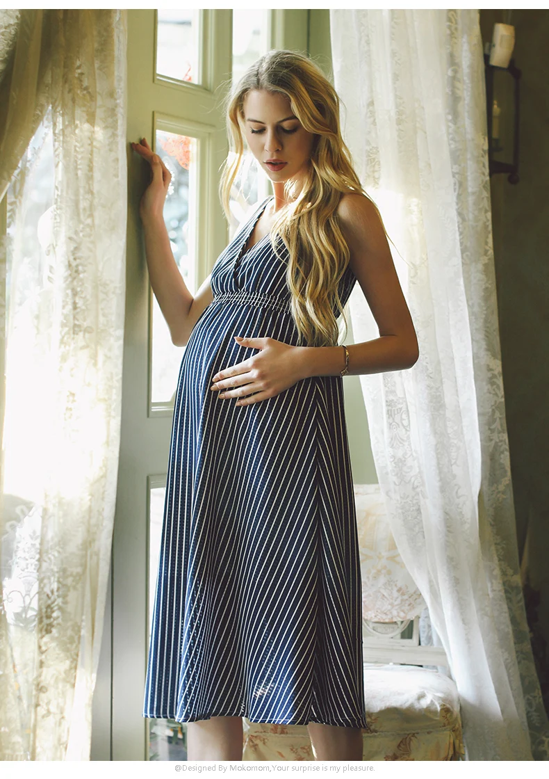 Летнее Длинное платье из шифона в синюю полоску для беременных женщин; элегантная одежда без рукавов с v-образным вырезом для беременных; M