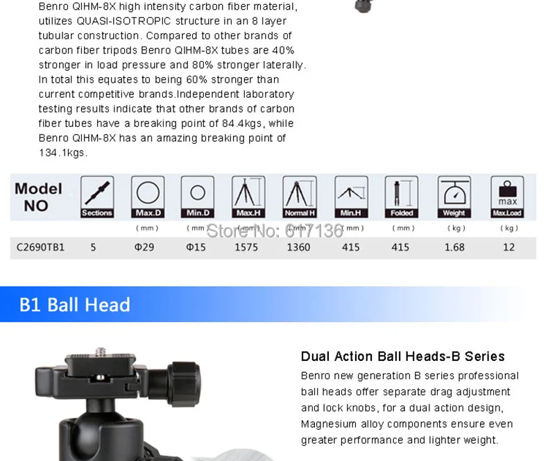 Профессиональный Штатив Benro C2690TB1 из углеродного волокна для камеры с шаровой головкой B1, сумка для переноски, комплект, Максимальная загрузка, 12 кг, DHL