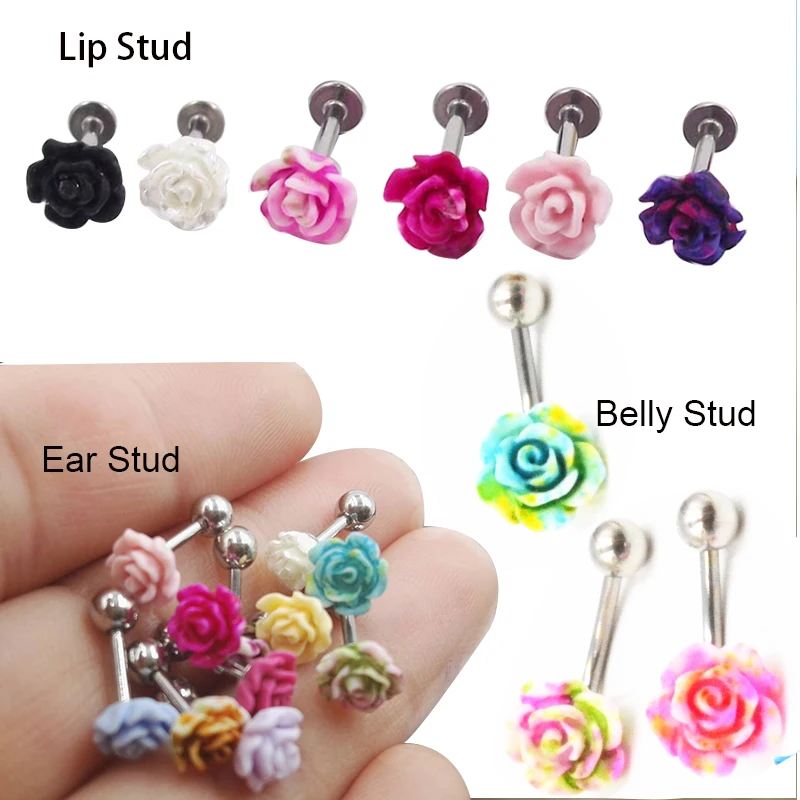 

1Pc Random Color Acrylic Flower Surgical Steel Barbell Belly Button Rings Lip Stud Ear Stud Piercing Helix Body Piercing Jewelry