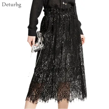 

Women's Both Sides Wear Black Midi Skirt Female Vintage Elastic High Waist Lace Tassle Patchwork Skirts Saias 2018 Spring SK157