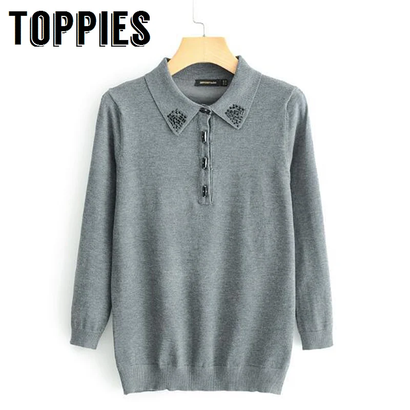 

2019 Women Three Quarter Sleeve Knitted Jumper Diamond Beading Black Pullover Sweater Autumn Winter Turn Down Collar Tops