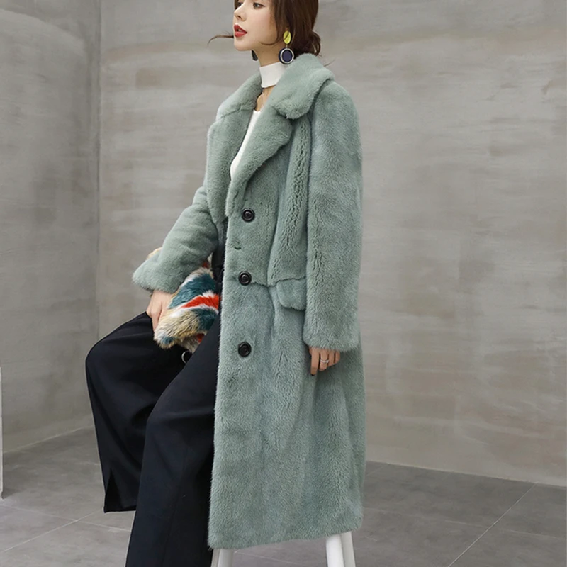 down 2019 Manches Lvchi De Vendu Causalité long Col Bouton X Femelle Menthe Élégant Fourrure Femmes À Vison Mince Manteaux Hiver Turn Longues Réel Ufq5qpx