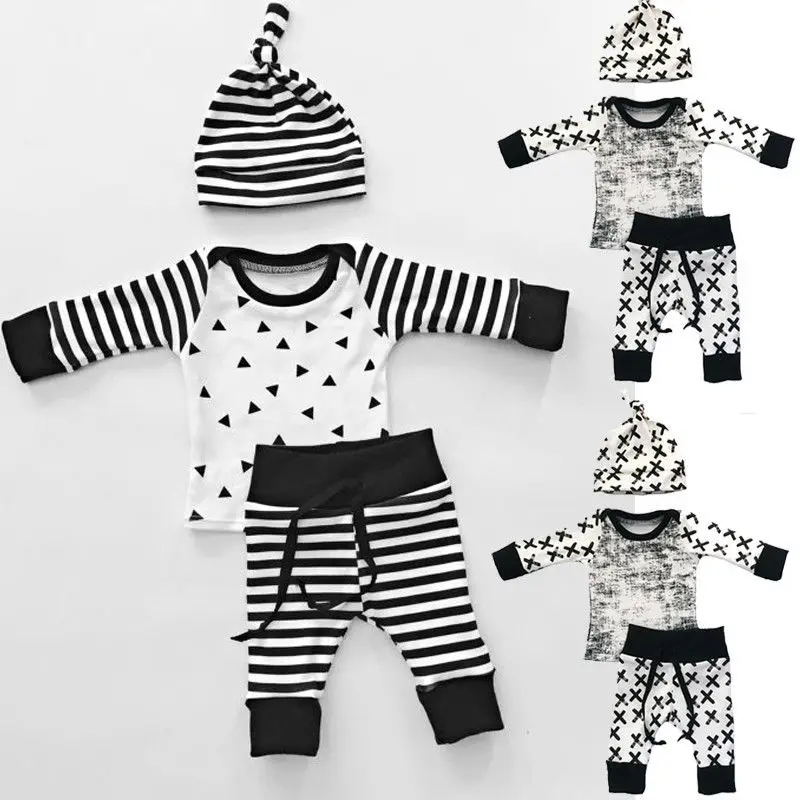 Baby 3pcs Set Newborn Infant Baby Boy Girl Clothes Geometric T-shirt Tops+Striped Long Pants Legging Outfit Set Baby Winter Coat