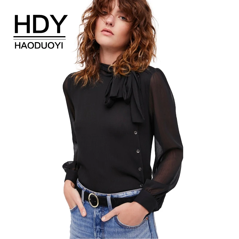 HDY Haoduoyi Solid Black Mesh Semi-Sheer Sexy Women Shirts O-neck Full Sleeve Button Bowknot Belt Lady Tops Casual Female Blouse