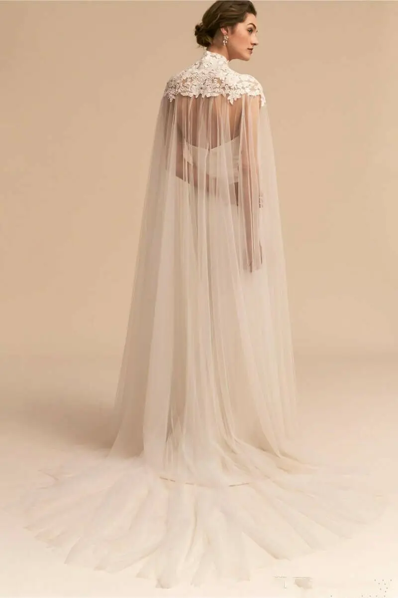 Long Lace Tulle Wedding High Neck Bridal Capes Veil Women Chiffon Cloaks Wraps Floor Length Wedding Accessories 2019