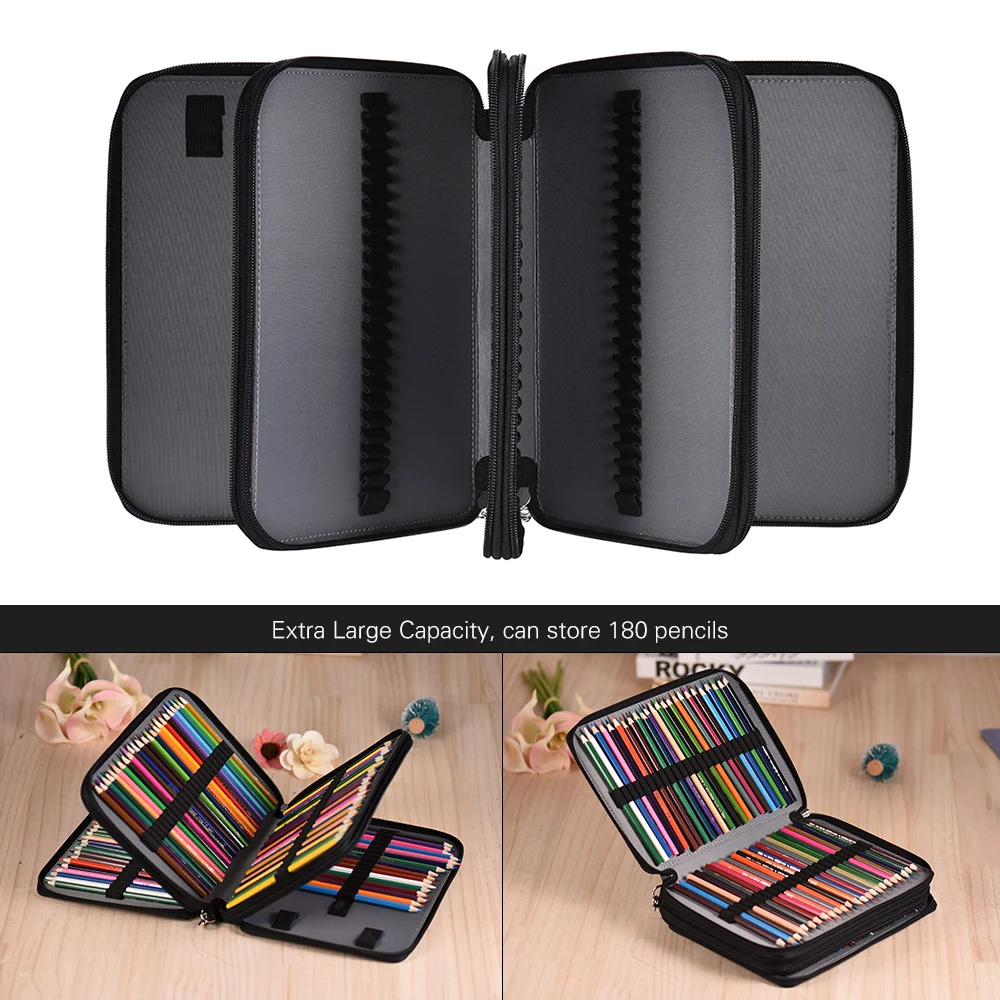 

180 Slots Color Pencil Case Extra-Large Capacity Bag PU Leather Zippered Portable with Handle Strap for kids student school