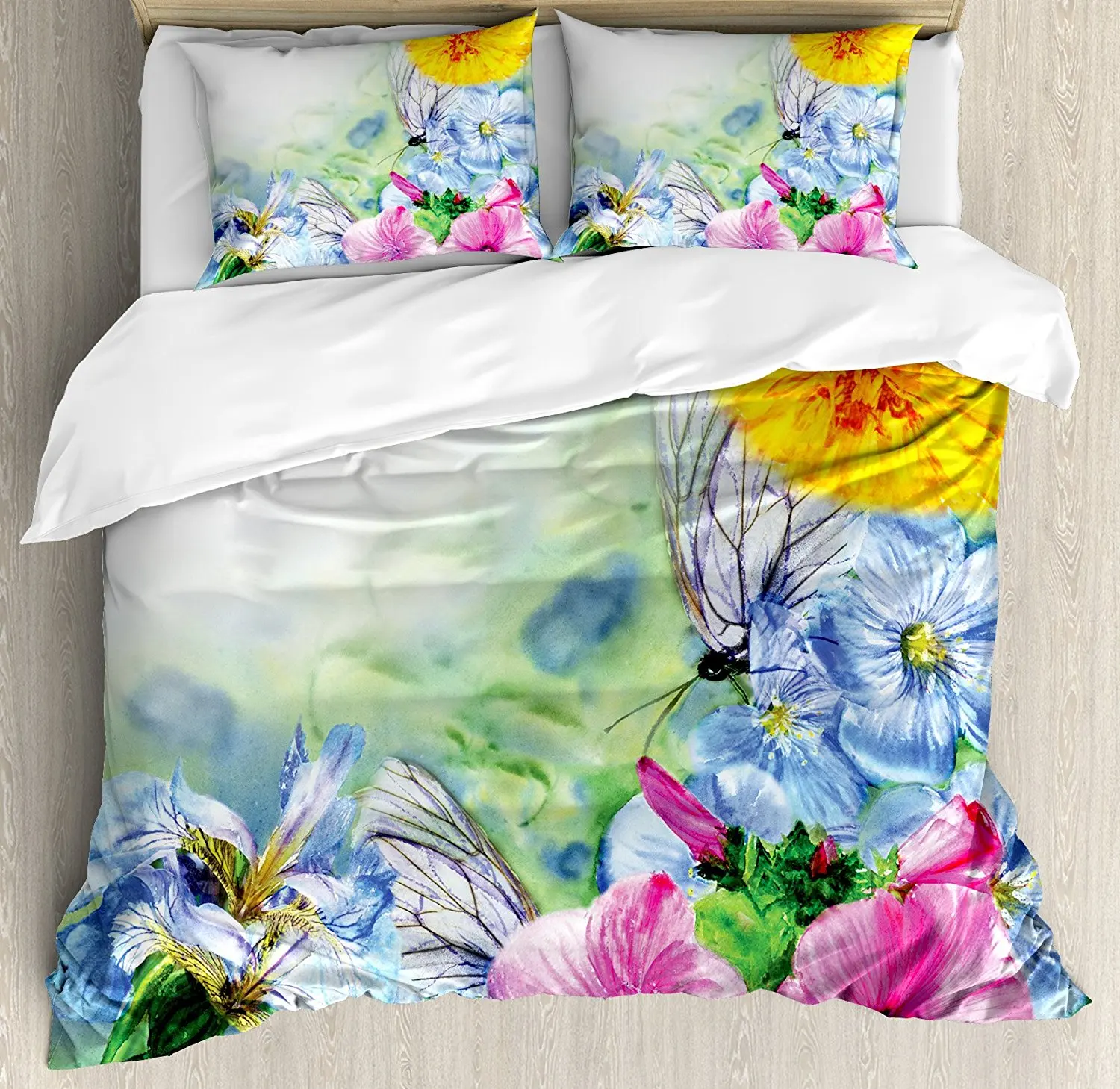 

Watercolor Flower Decor Duvet Cover Set Surreal Iris Peony Poppy Petals Paint with Moth Butterflies Wild 4 Piece Bedding Set