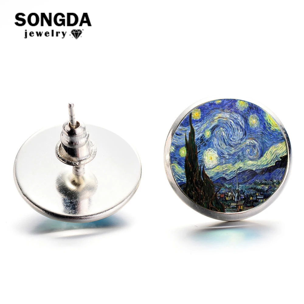 

SONGDA Romantic Van Gogh Starry Night Stud Earrings Famous Art Oil Painting Design Glass Cabochon Earring Women Brinco Oorbellen