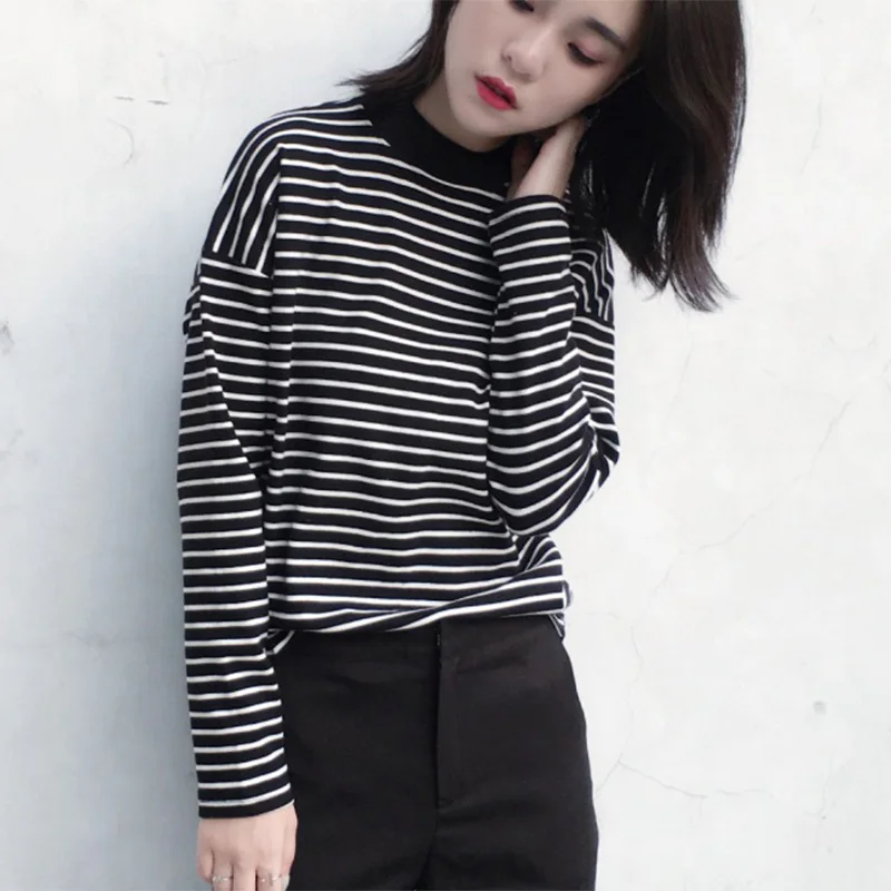 

Harajuku Striped Turtleneck T-shirt Tee Shirts Woman Spring New Korean Women Long Sleeve T-shirts Casual Tops