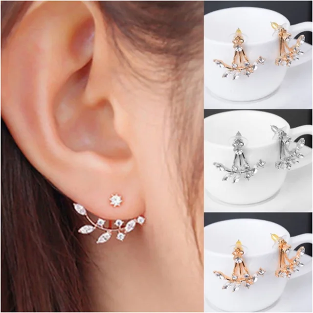 Cute 1pair Golden Rose Silver Plated Leaves Crystal Cute 1pair Golden Rose Silver Plated Leaves Crystal Rhinestone Earrings Front Back For