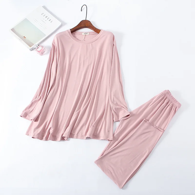 Пижама оптом, женская мягкая пижама из модала, Женская пижама с круглым вырезом, 2 шт., осень-весна, свободная повседневная одежда, большой размер, домашняя одежда - Цвет: Pink as chart
