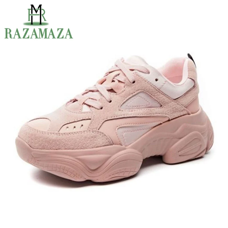 

RAZAMAZA Real Leather Trend Women Sneakers Thick Sole Platform Shoes Celebrity Chunky Dad Sneakers Chaussures Femme Size 35-39