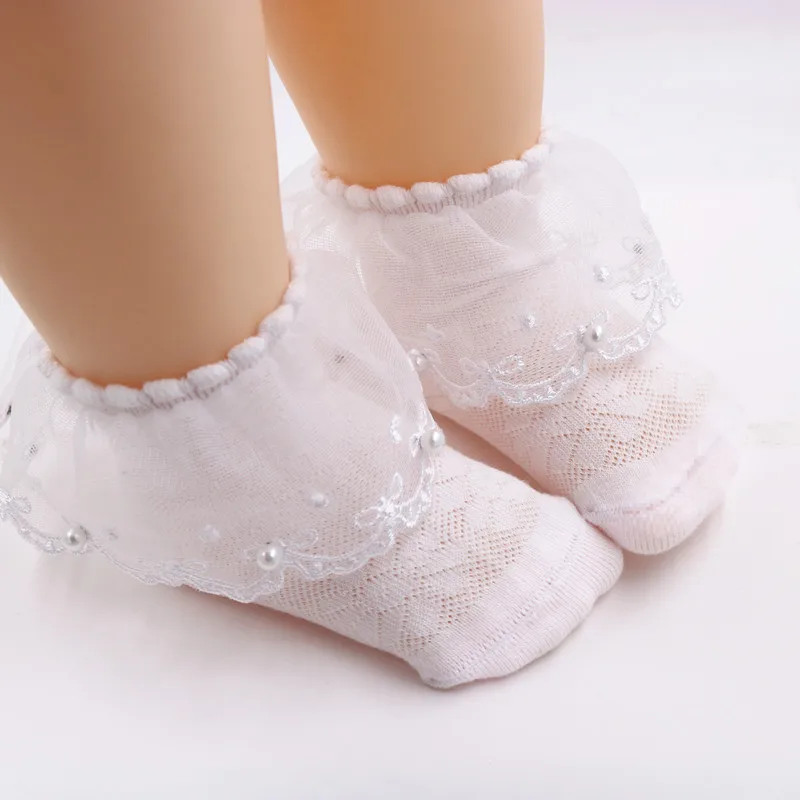 Цветастый носок для маленьких девочек, детские носки для девочек, кружевные носки принцессы с оборками и цветами и жемчужинами, короткие носочки по щиколотку для новорожденных