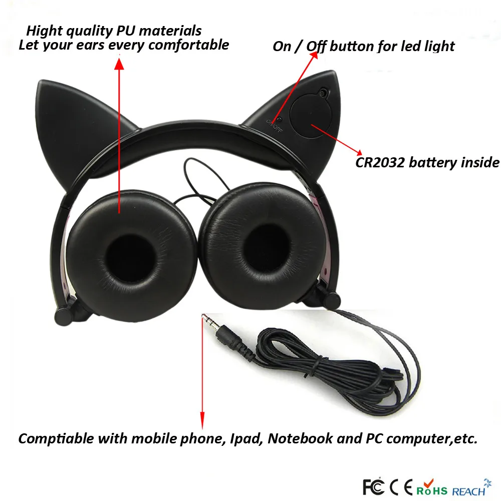 Складной кошачьими ушками светодиодный музыкальный свет цветные наушники гарнитура для ноутбука MP3 Palyer и другого типа смартфона R0406