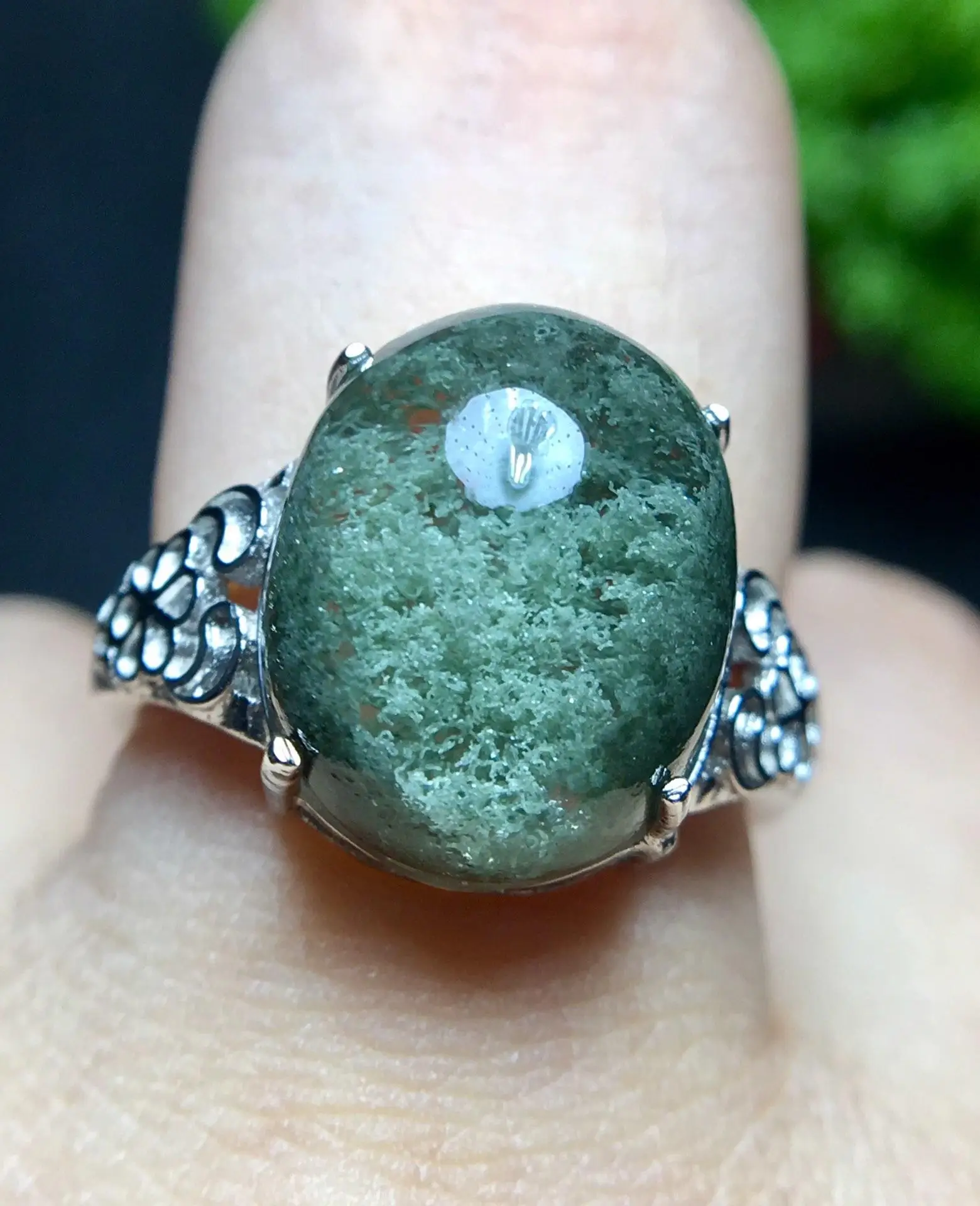 

12x15mm Natural Green Phantom Ring Quartz Crystal Adjustable Ring 925 Silver Woman Man Love Gift Clear AAAAA Stone Ring