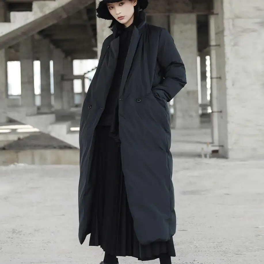 Зимнее однотонное черное свободное прямое длинное хлопковое Стеганое пальто со стоячим воротником Модное Новое Женское пальто