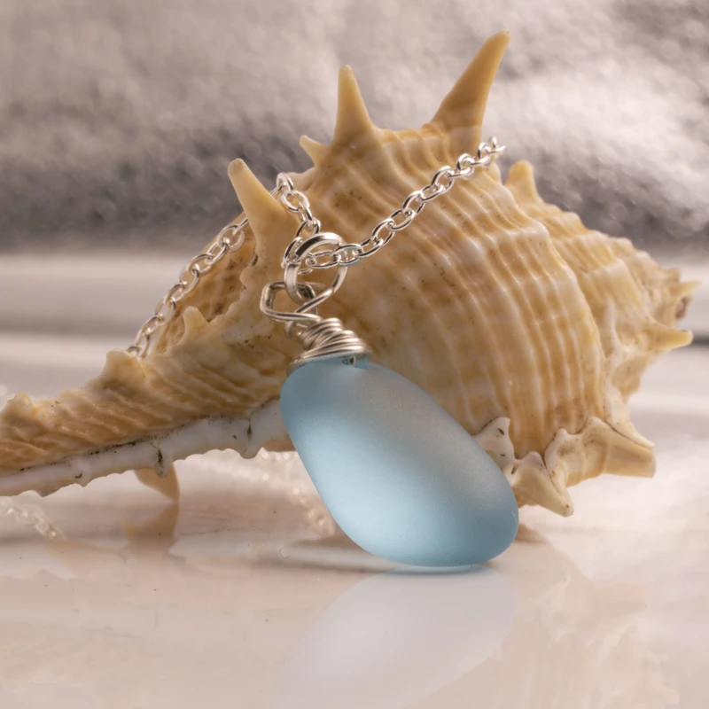 Sanlan Lovely Sea Glass Beading Pendant Blue Matte Sand Stone Necklace Ocean Frosted High Quality Beads Jewelry 3