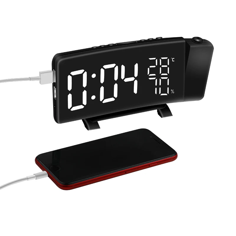 

Rotating projection digital LED clock Temperature/hygrometer clock FM radio electronic clock desktop Curved screen alarm clock