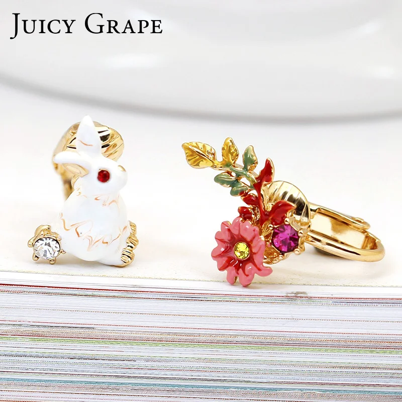 

New Arrival Enamel Glaze 925 Silver Hoop Hypoallergenic Asymmetric Rabbit Flower Plant Ear Stud Ear Clip