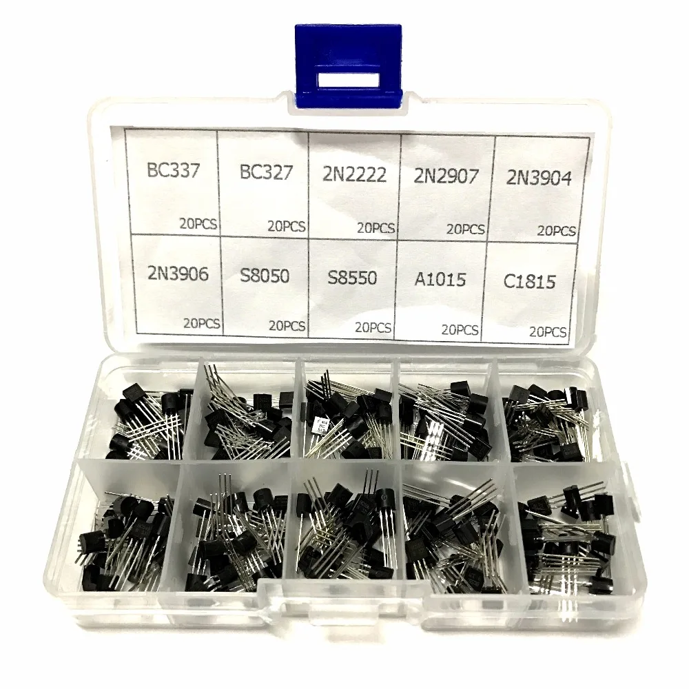 

10 values 200PCS BC337 BC327 2N2222 2N2907 2N3904 2N3906 S8050 S8550 A1015 C1815 NPN TO-92 PNP Transistor Assortment Kit