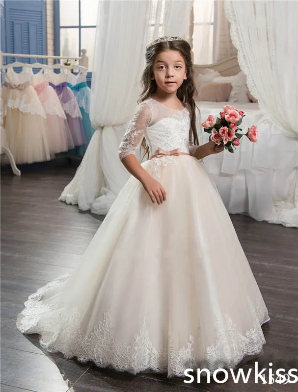 Us 86 0 Royal Ivory White Flower Girl Dress For Beach Wedding With Lace Appliques Open Back Beautiful First Communion Dresses With Train In Dresses