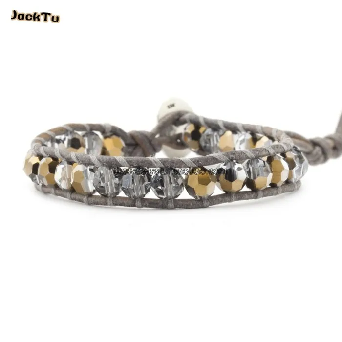 

6mm gold crystal beads bracelets on grey leather