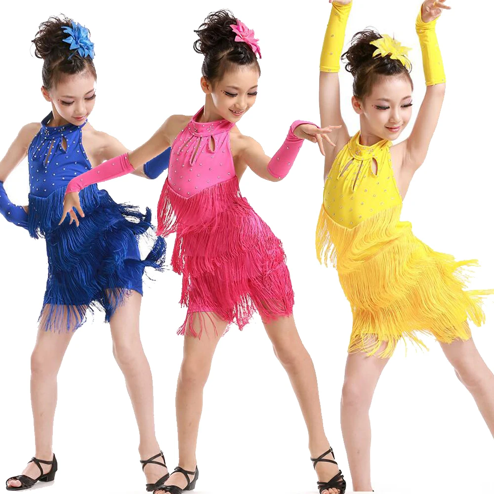 New Kids tassles Latin Dresses Rose Blue children Abiti Latin Dance