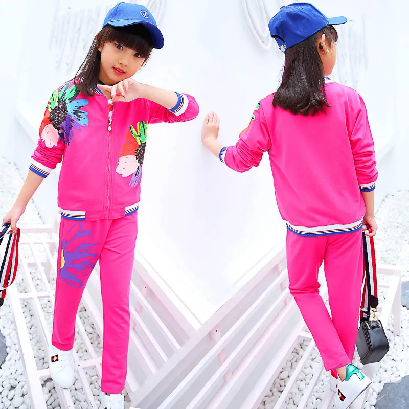 Kids Girls Spring Autumn Sports Suits Coat + T shirt + Pants 3 Piece