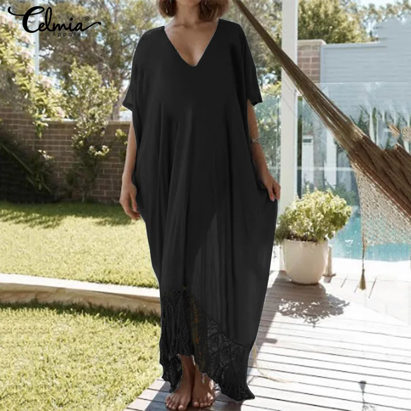 

Celmia Women Maxi Long Dress 2019 Summer Sexy V Neck Batwing Sleeve White Lace Dresses Casual Loose Beach Vestidos Plus Size 5XL