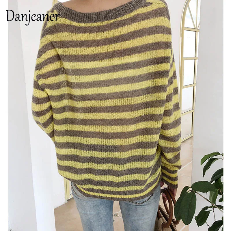 Danjeaner Sexy Off Shoulder Striped Knitting Pullovers Autumn 2018 Women Casual Long Sleeve Sweaters Knitted Jumpers Pull Femme Sweaters