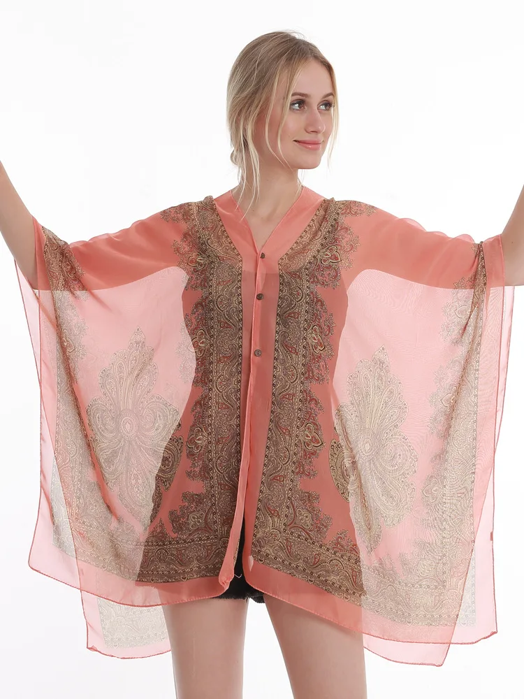 

Female Travel Poncho Smock Outside The Sun Protection Silk Towel Beach More Use Shawl oversized Tassles Chiffon Fashion Capes