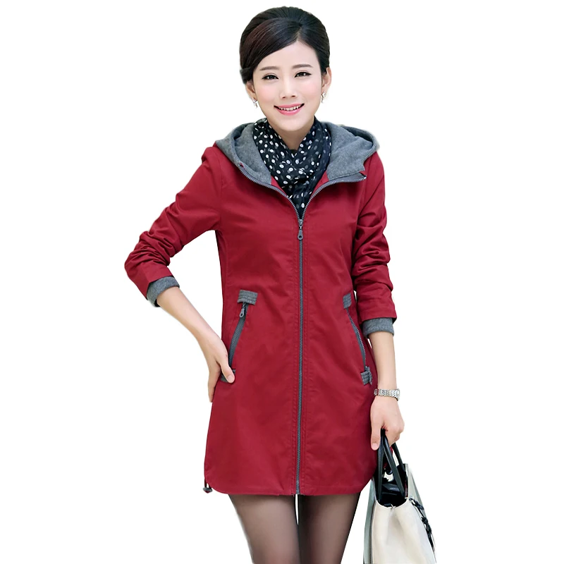 

2019 New Spring Autumn Women's plus cotton Trench coat Fashion Casual Plus Size M-4XL hooded windbreaker female Outerwear NW1172