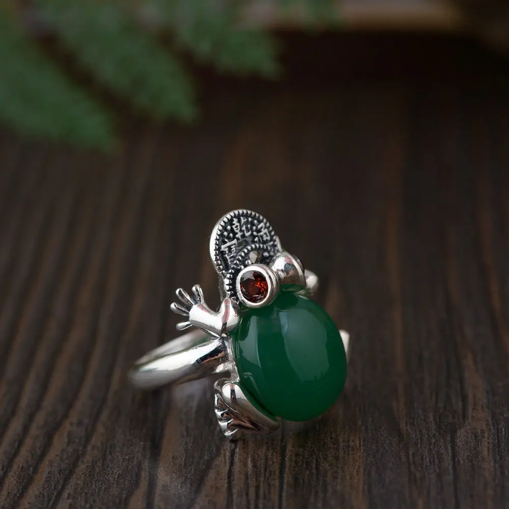 

FNJ 925 Silver Frog Ring Black Green Yellow Red Stone Original S925 Sterling Thai Silver Rings for Women Jewelry Adjustable Size