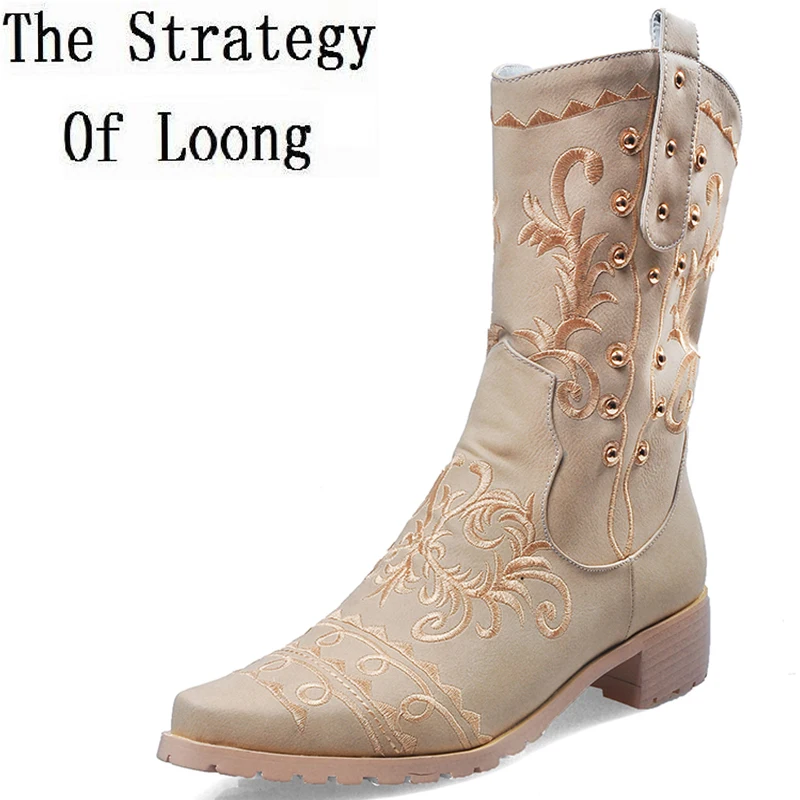 

2019 New Arrival Embroider Microfiber Short Plush Winter Half Boots Women Floral Pointed Toe Med Heels Zip Short Boots ZY171010