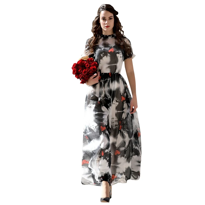 

DF High Quality Newest 2017 Summer Chiffon O Nexk Long Dress Women's Short Sleeve Printed Casual Holiday Dress Plus size S-XXXL
