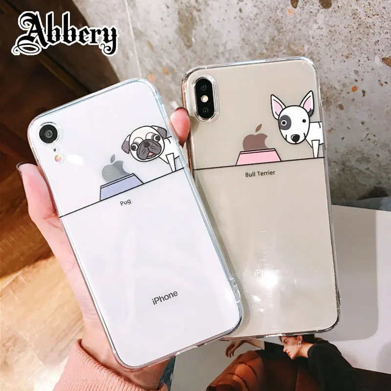 

Abbery Cute Bull/Pug Dog TPU Clear Transparent Soft Bumper Anti Shock Slim Phone Cover for iPhone 6 6s 7 8 Plus X XR XS Max Case