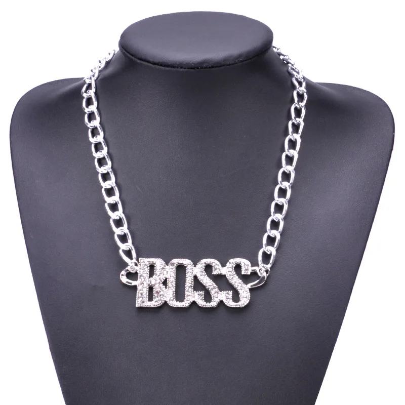 Панк кристальная буква Босс ожерелья с подвесками золотые серебряные цвета длинные кубинские цепи ожерелье хип хоп чокер ювелирные изделия для мужчин и женщин - Окраска металла: silver