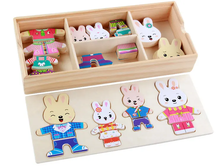 Мультяшный кролик, сменная одежда, деревянные игрушки, пазлы Монтессори, обучающее платье, сменные головоломки, игрушки для детей, девочек