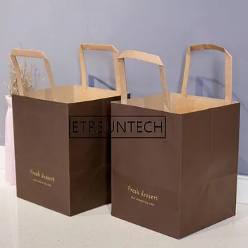 

100pcs Kraft Paper Handbags Takeaway Pack Portable Bread Cake Food Wrapping Shopping Bags 15.5x15.5x20cm