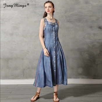 

Cotton Summer Dress 2019 Sleeveless Women Denim Dress Single-breasted Embroidered Ribbon Splicing Side Patchwork Dress Plus Size