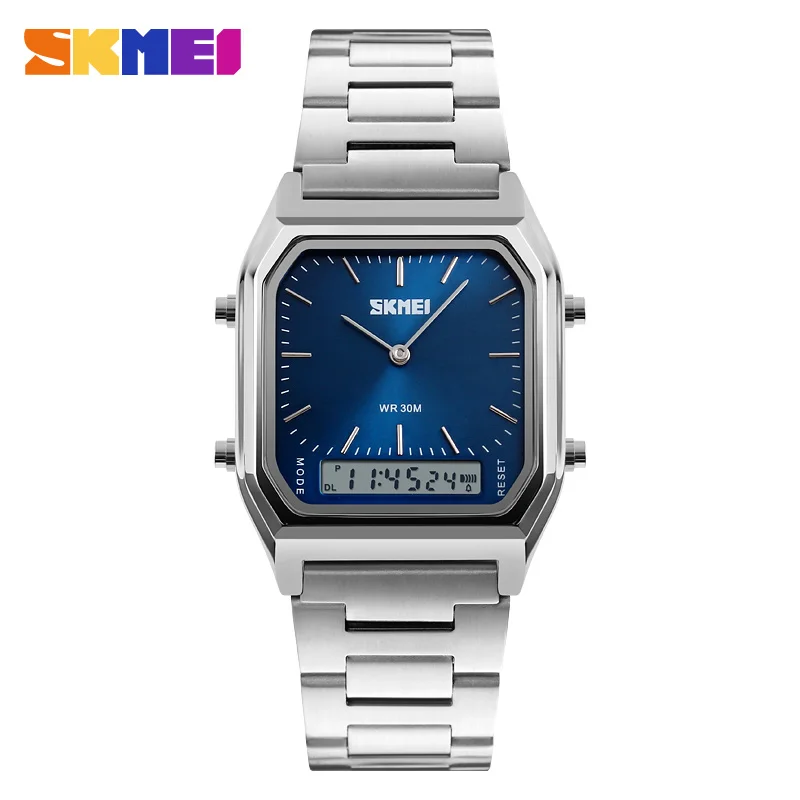 SKMEI мужские спортивные часы модные повседневные кварцевые наручные часы цифровой хронограф задний светильник водонепроницаемые часы двойное время 1220 - Цвет: blue silver