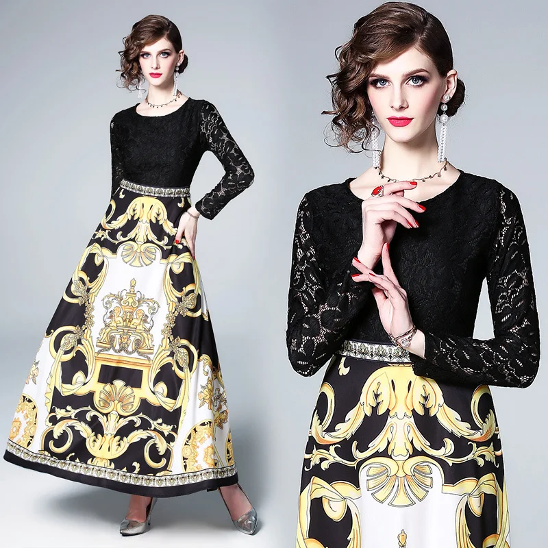 

2019 Spring Summer Fall Runway Baroque Print Lace Patchwork Crew Neck Long Sleeve Women Ladies' Casual A-Line Maxi Beach Dress