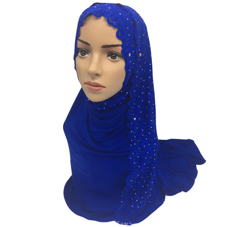 

High Quality Women Plain Color Scarf Hijab Lace Edges Rhinestones Decor Solid Cotton Muslim Hijabs Scarves Long Shawls 75x170cm